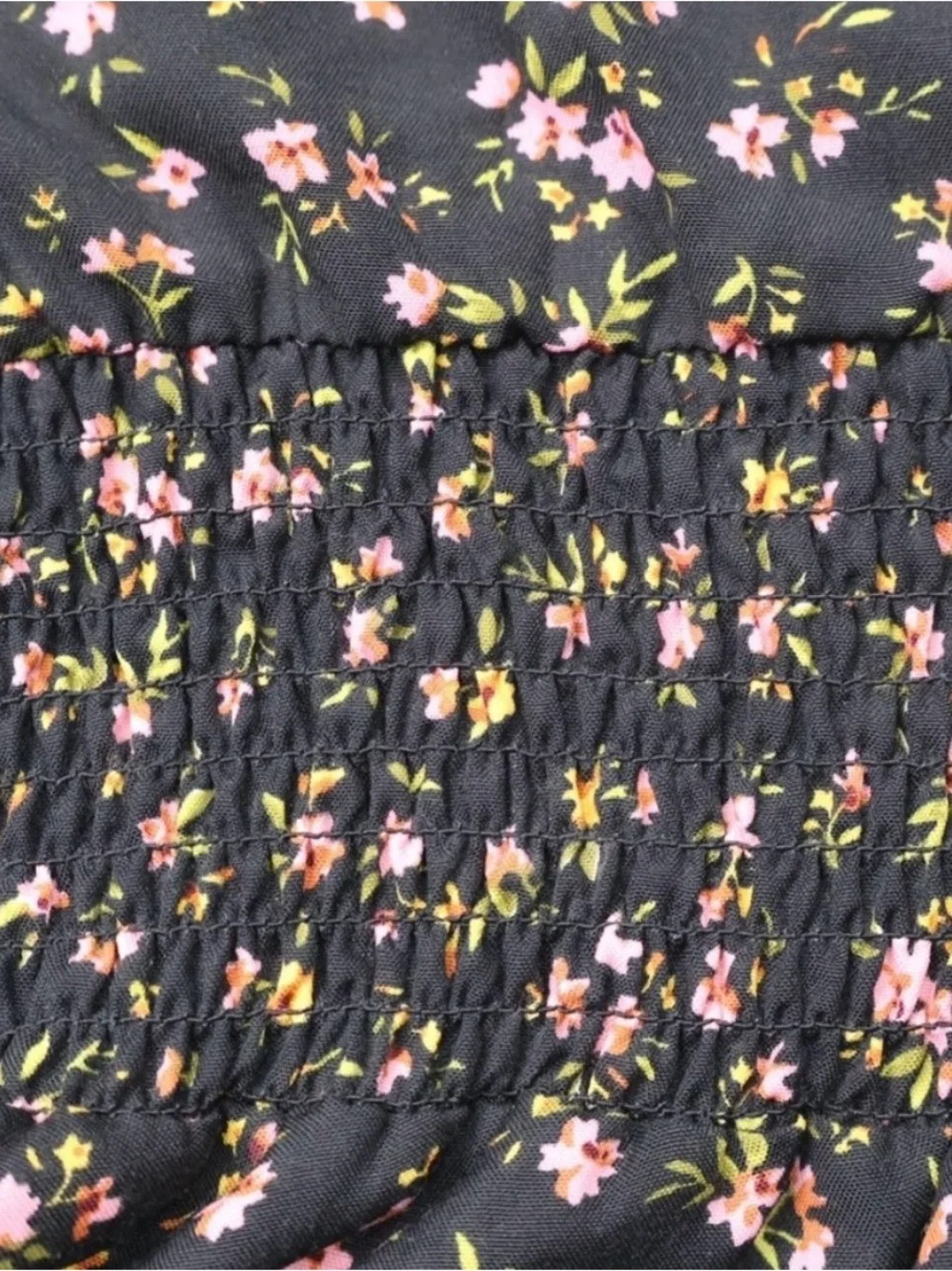 Button-Front Floral Peplum Blouse - Black with Pink & Yellow Flowers